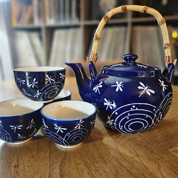 Dragonfly Teapot Set MIRA DESIGNS by FMC 4 cups tea/teapot set Navy Blue White - Picture 2 of 10